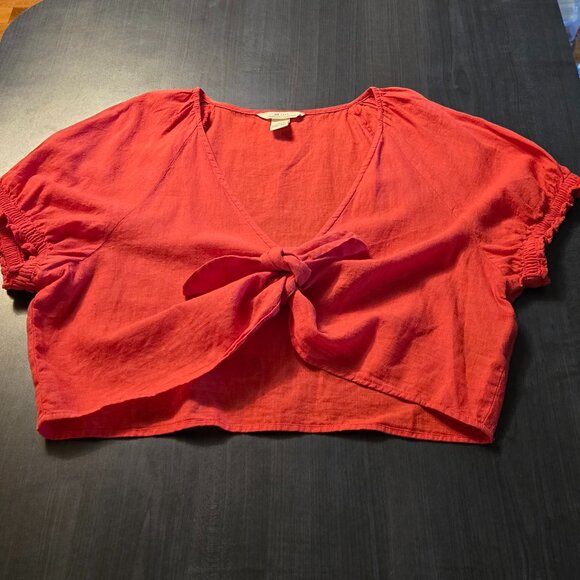 Red V-Neck cropped top blouse linen cotton size Large 12-14 - Picture 2 of 9